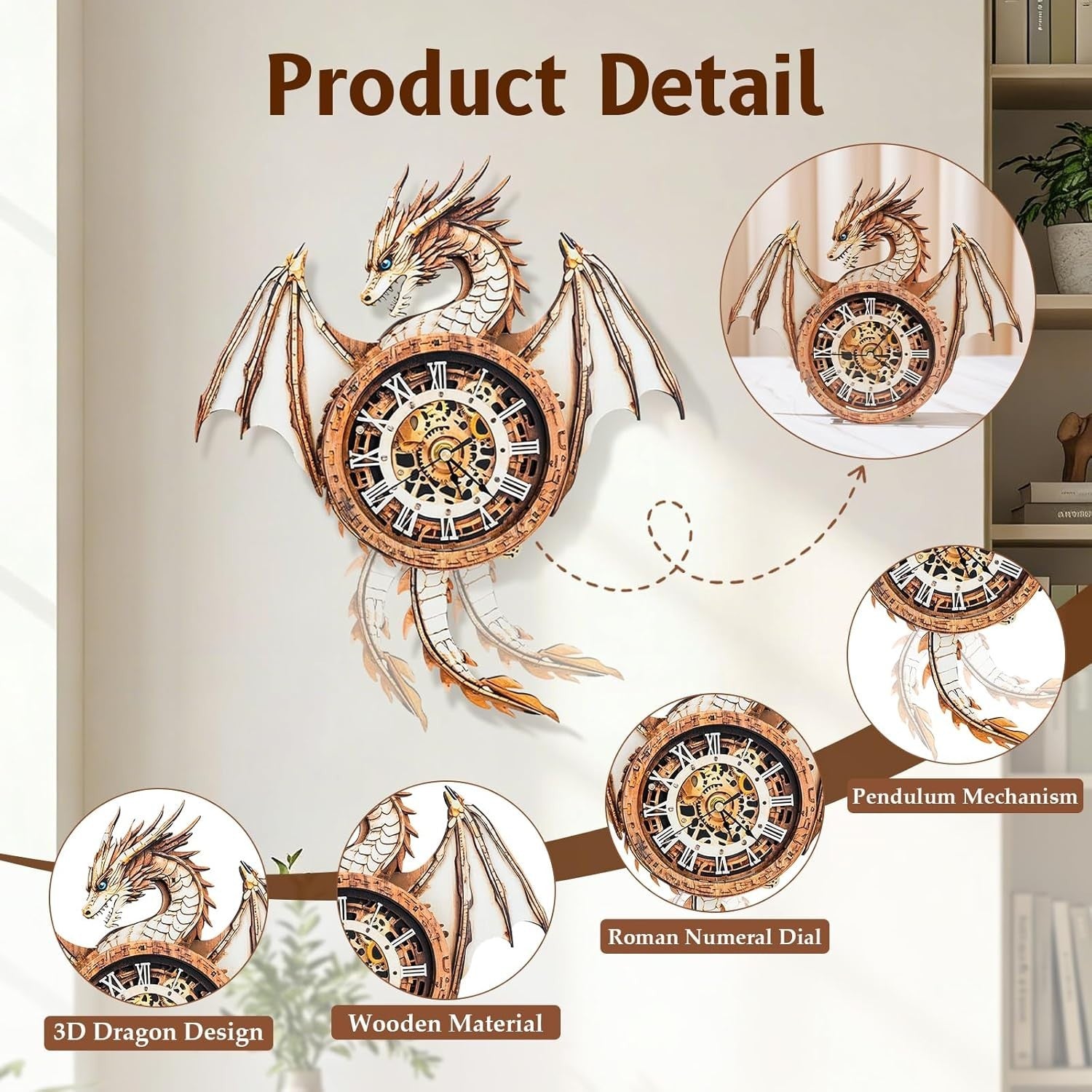 3D Dragon Wall Clock Puzzle Wooden Mechanical DIY Model Home Decor