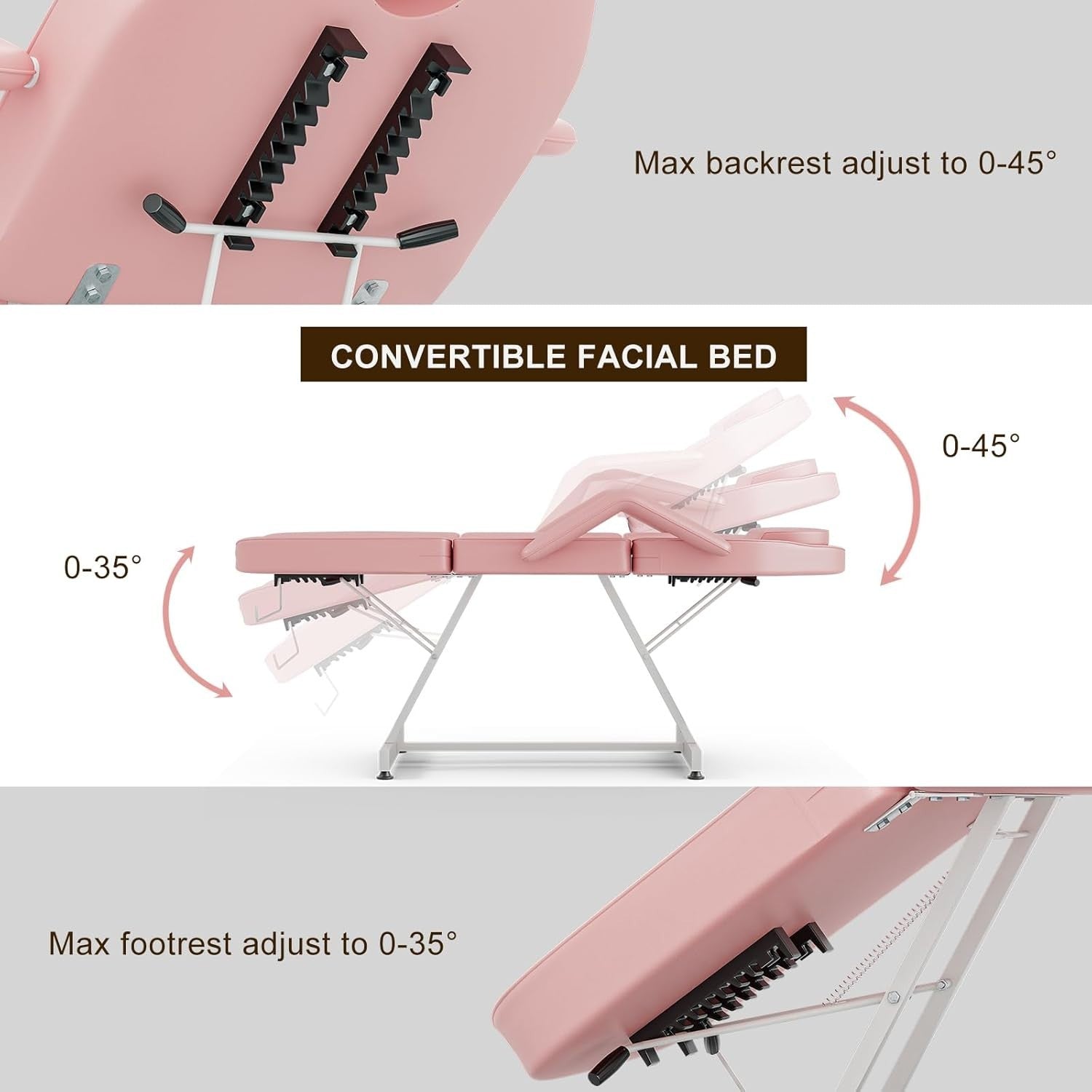 Adjustable 3-Section Beauty Massage Bed w/ Hydraulic Stool & Headrest Pink