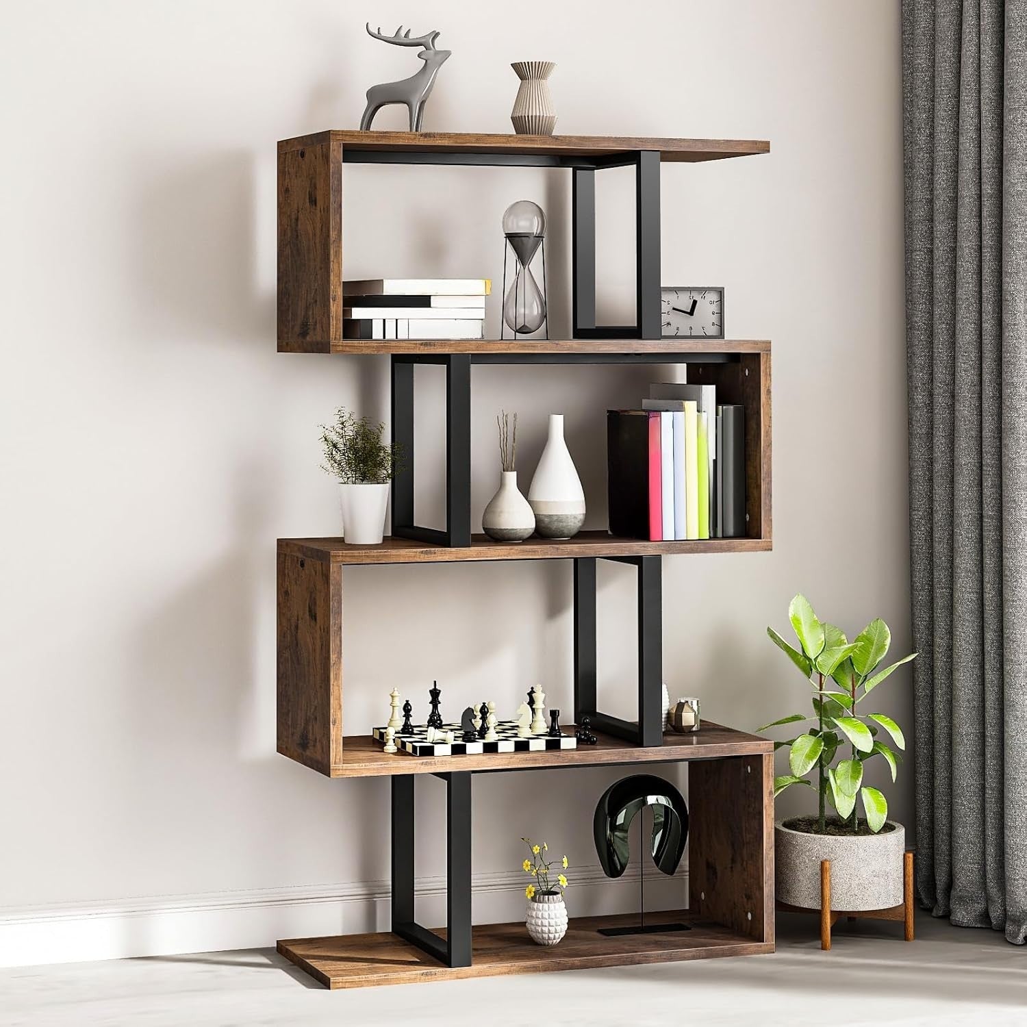 5 Tier S Shaped Bookcase Brown Metal Frame Modern Freestanding Display Shelf