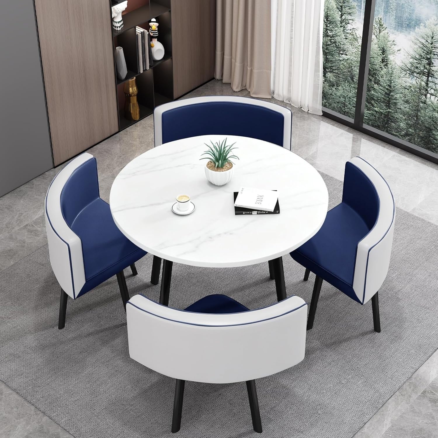 White 35.4" Dining Set w/ 4 Blue Chairs – Space-Saving Faux Marble Table