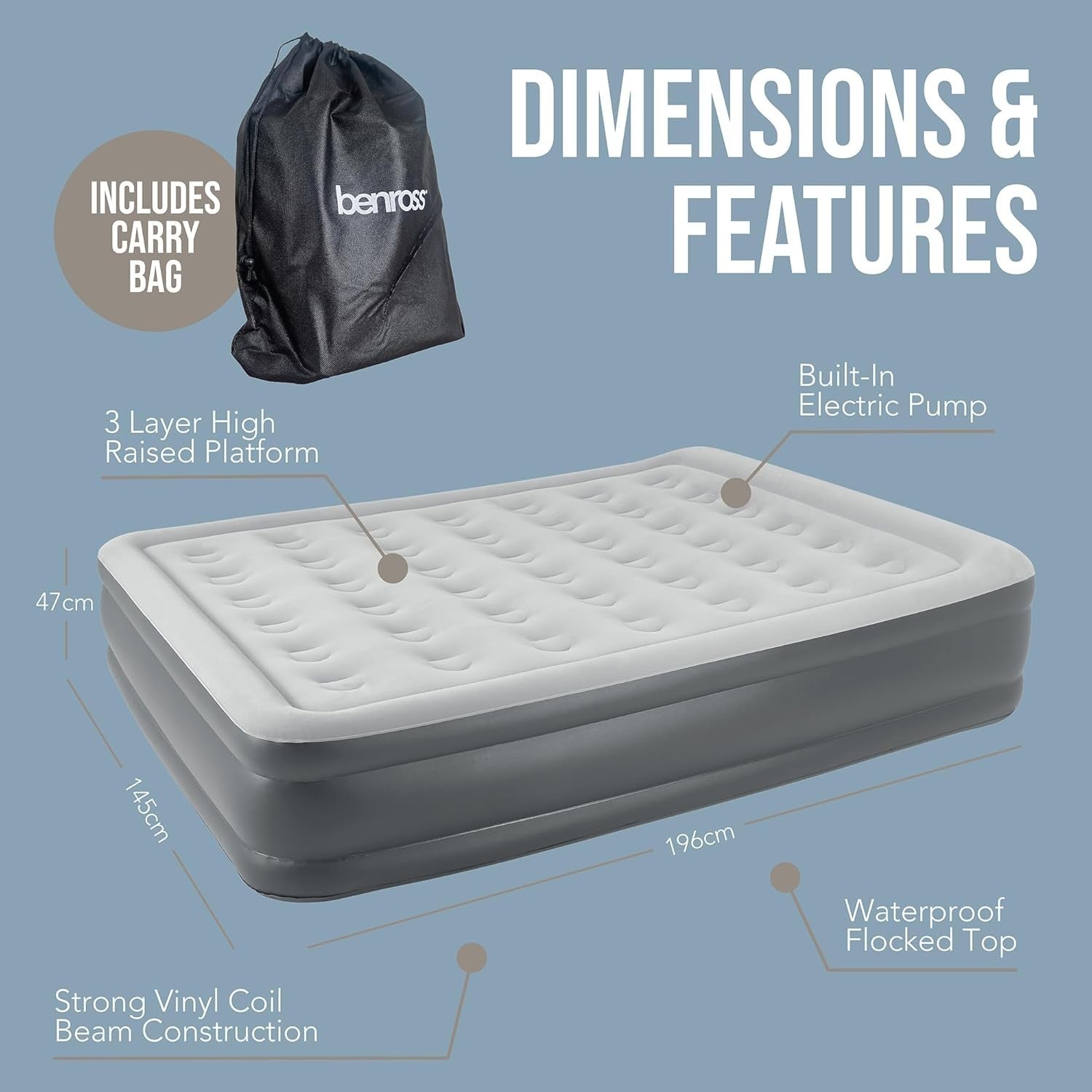 Queen Size Inflatable Air Bed with Built-In Electric Pump & Flocked Surface