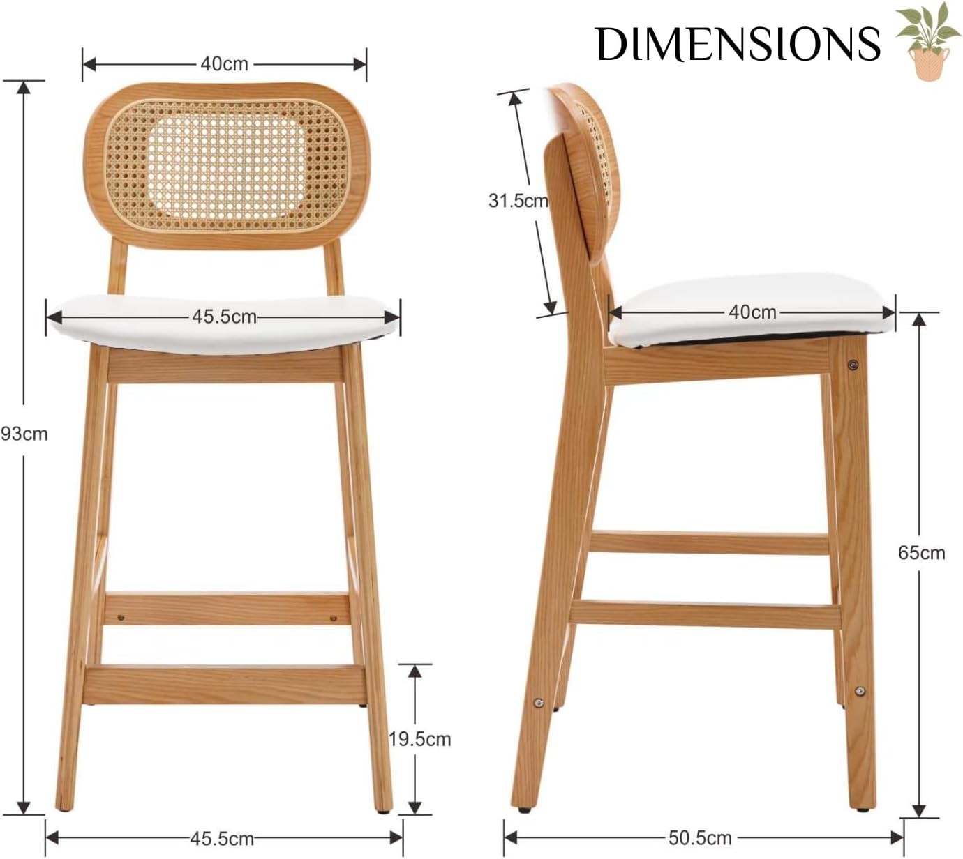 Set of 2 Beige Faux Fur Bar Stools – Rattan Back & Solid Wood Frame