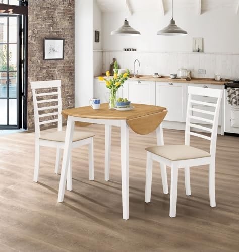 Small White Folding Dining Table Set Round Drop Leaf Table with 2 Chairs