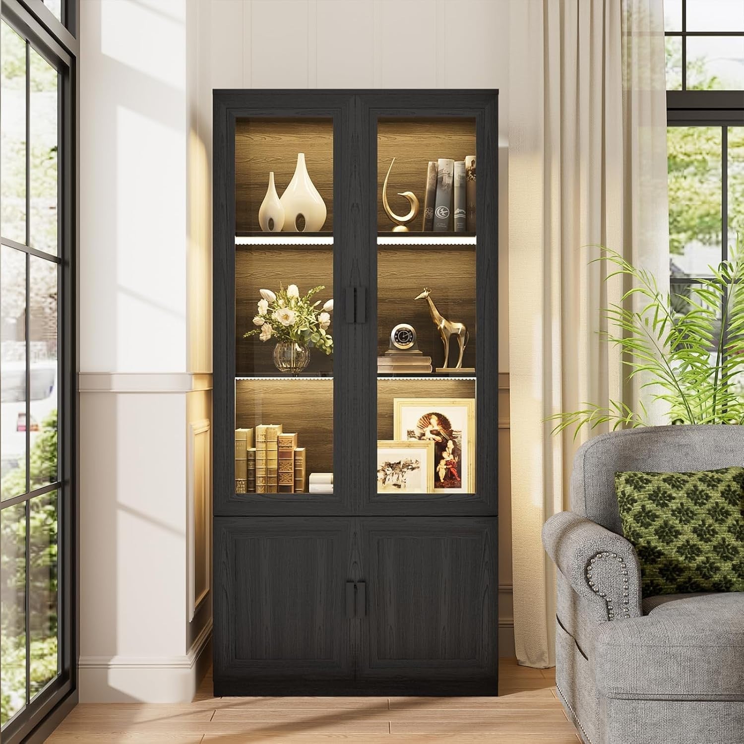 Glass Display Cabinet w/ Lights, Lockable Doors, 3-Tier Storage Unit