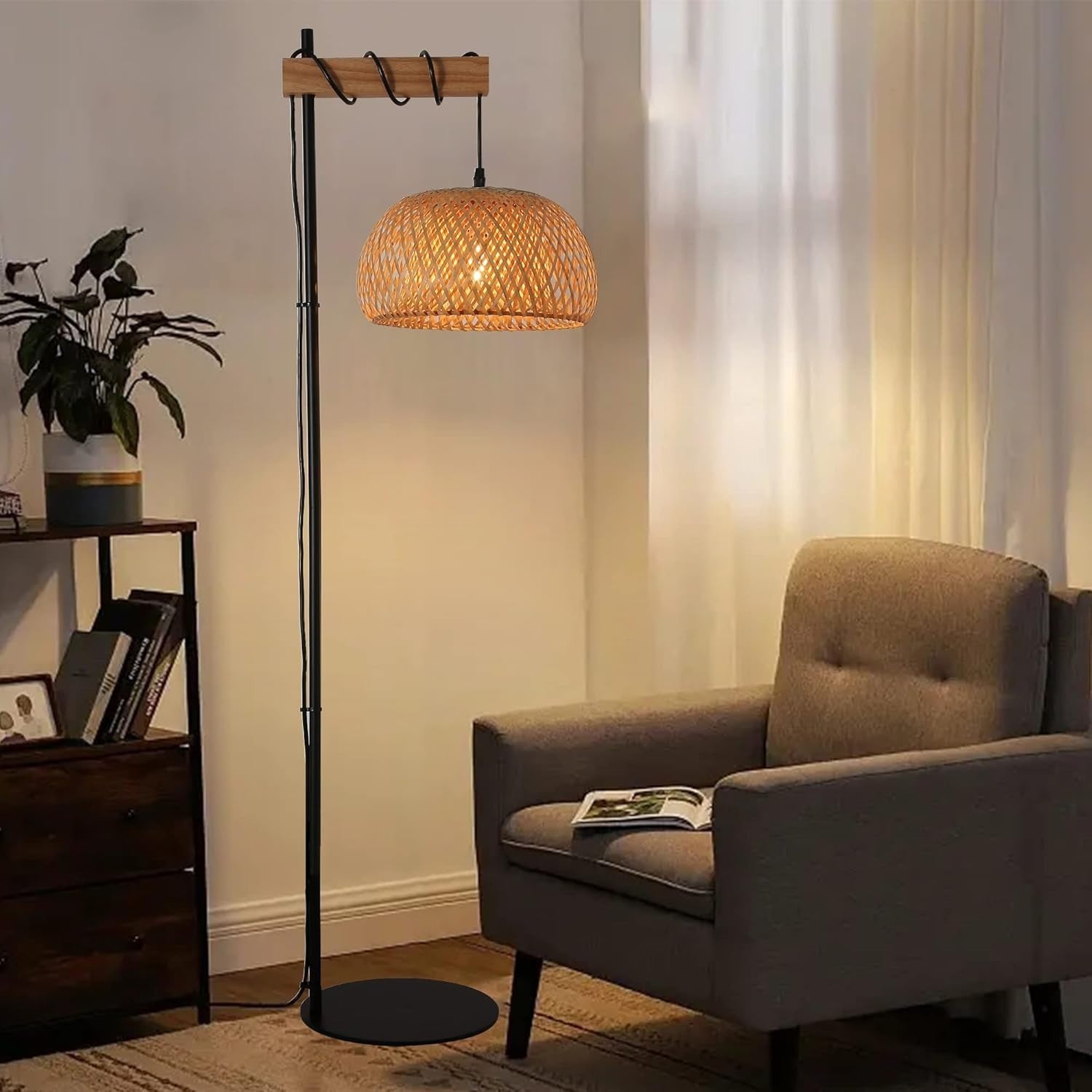 Boho Rattan Floor Lamp with Bamboo Shade & Foot Switch, 150cm Tall