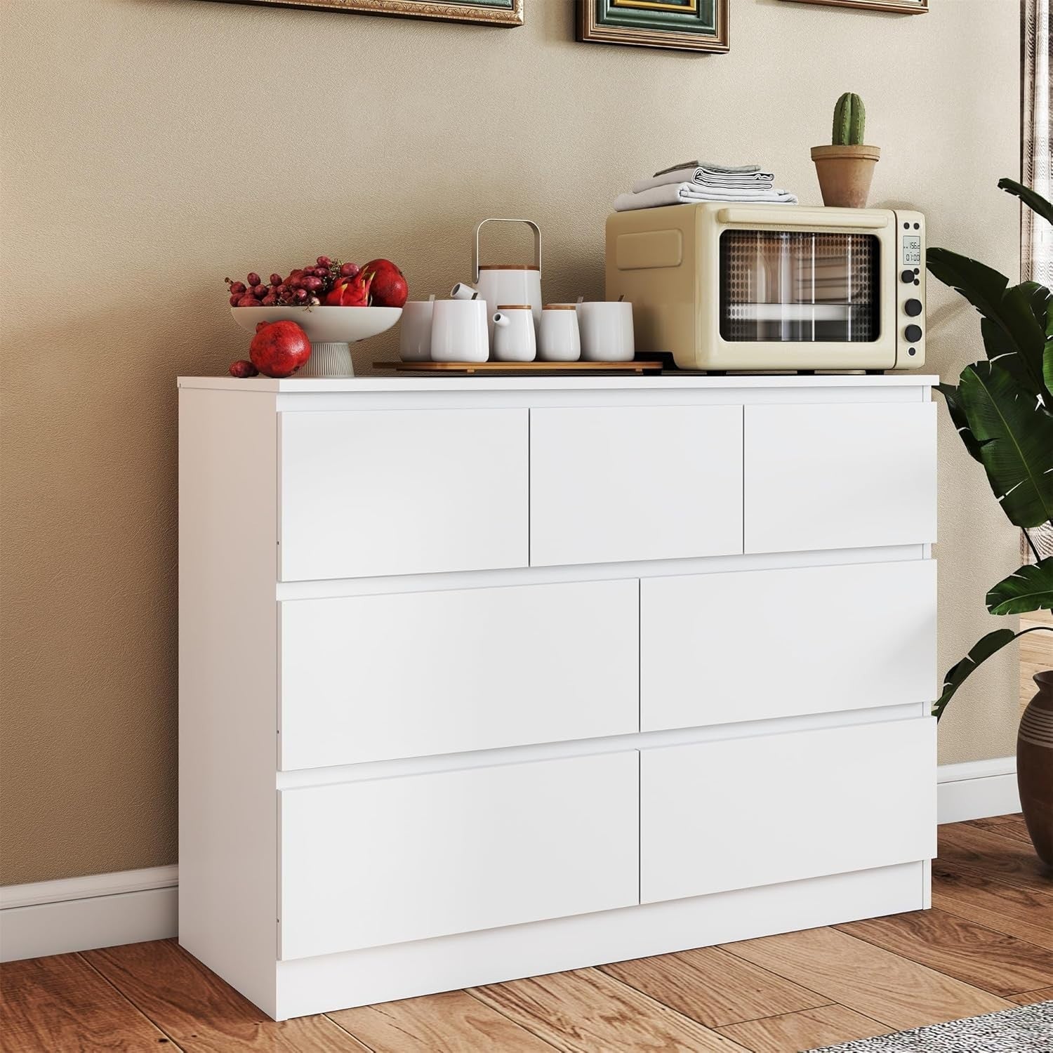 White 7 Drawer Wide Chest of Drawers Modern No Handle Storage 106x80cm