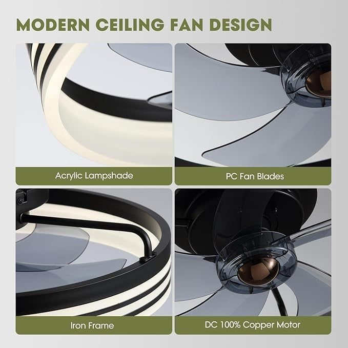 50cm Modern Black Ceiling Fan Light with Remote & App, 6 Speeds, Dimmable LED