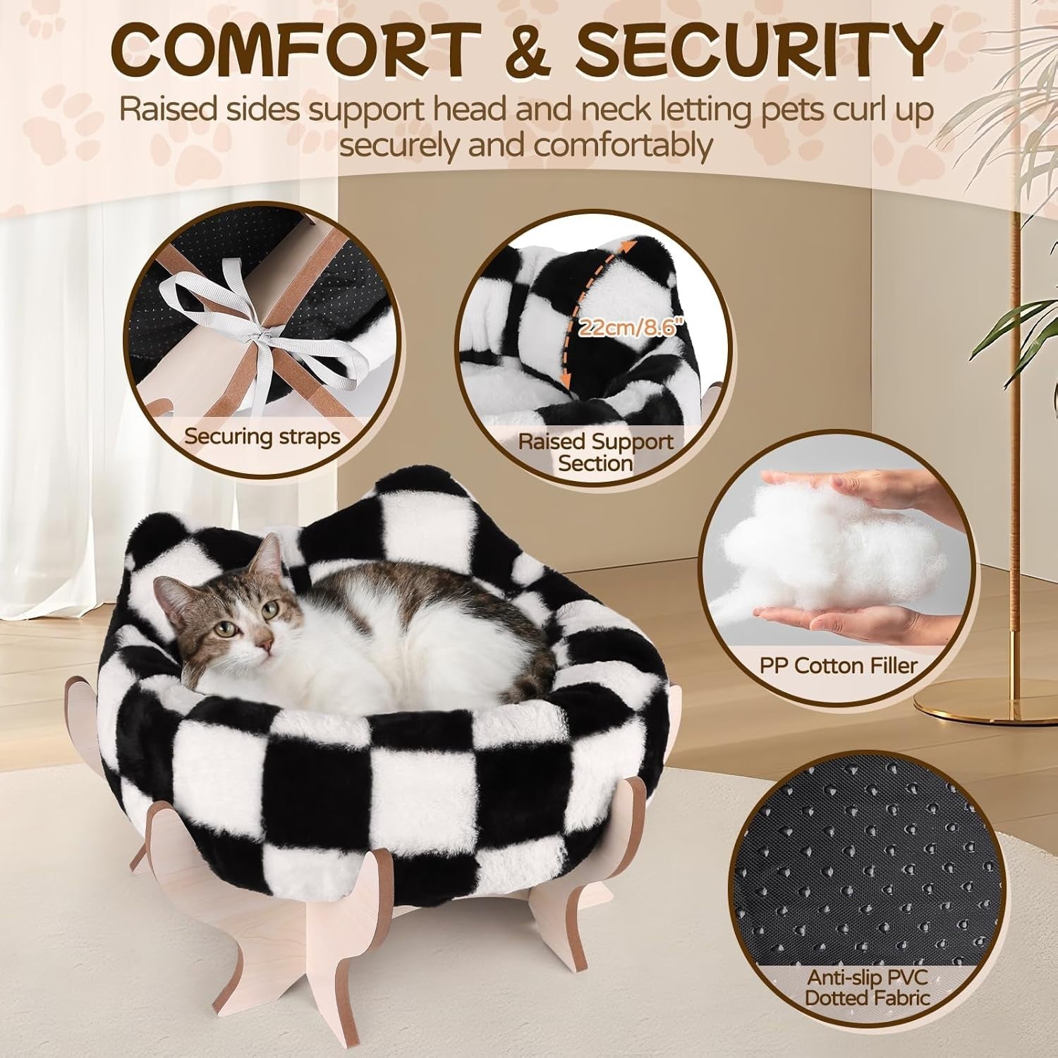 Elevated Cat Bed Plush Faux Fur Pet Sofa w Wooden Stand Anti Slip