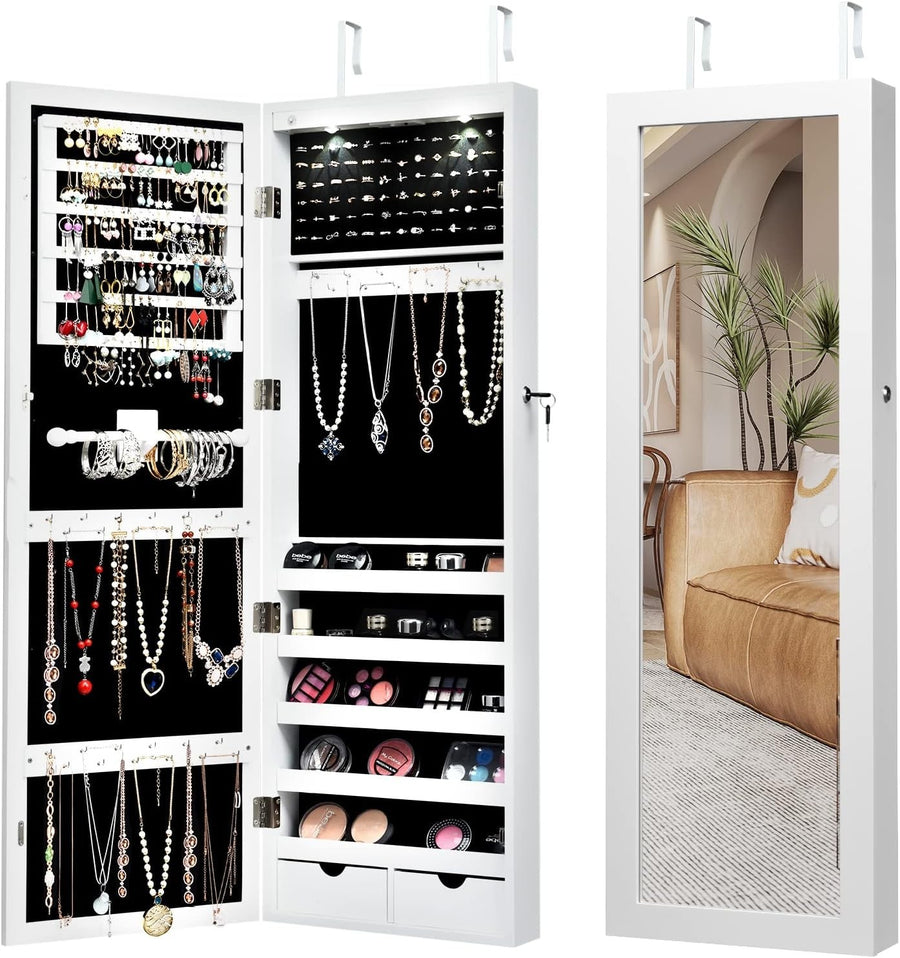 LED Jewelry Armoire Full Length Mirror Wall Mount Lockable Organizer