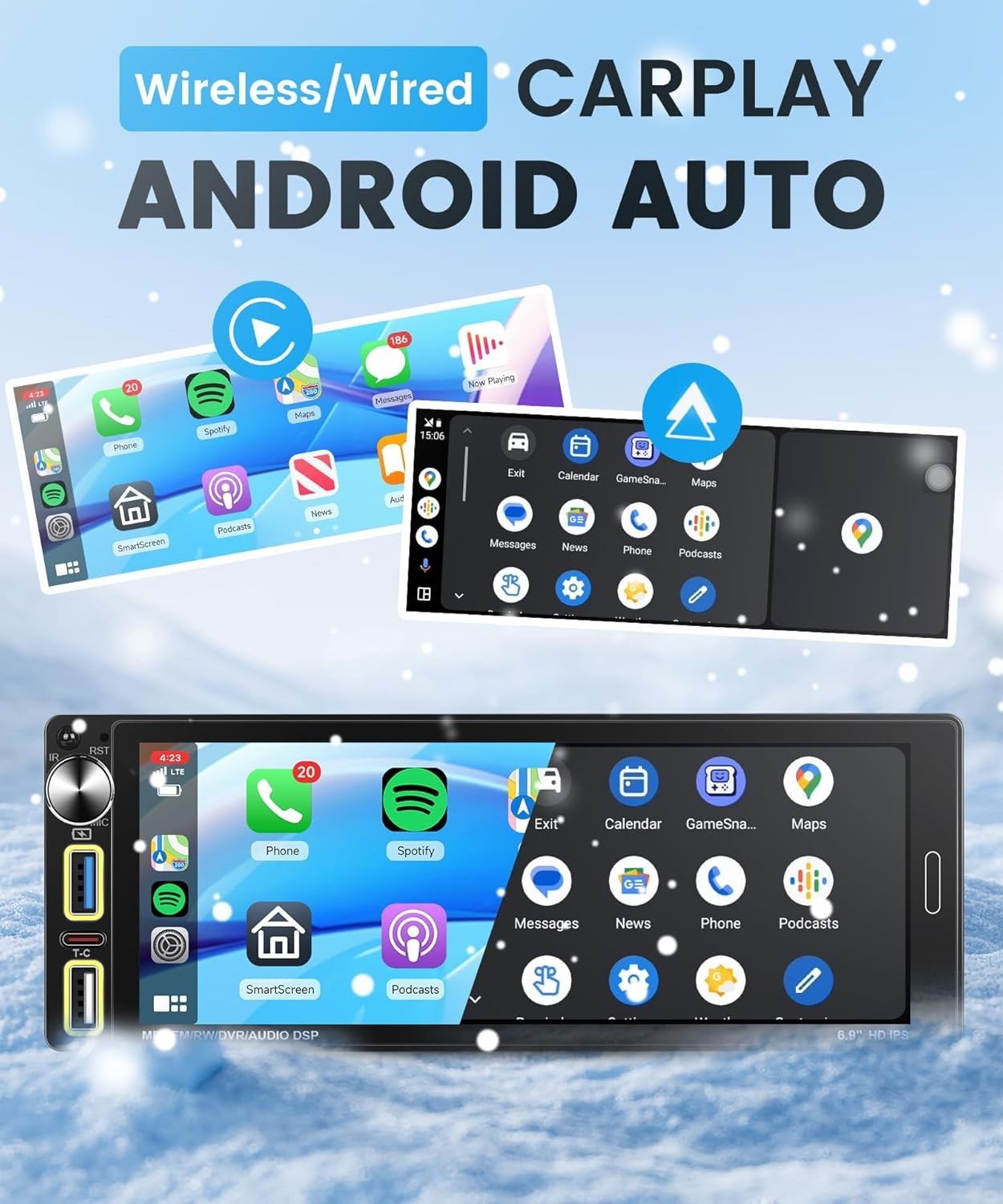 6.9" Single Din Car Stereo Wireless CarPlay Android Auto FM Bluetooth