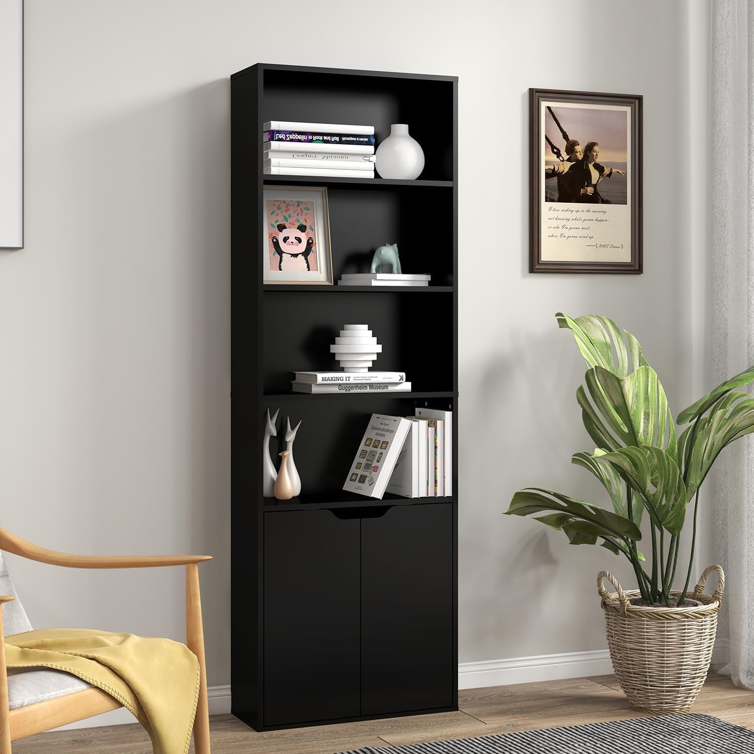 Tall 6 Tier Bookcase with Doors Modern Storage Cupboard Free Standing Shelves