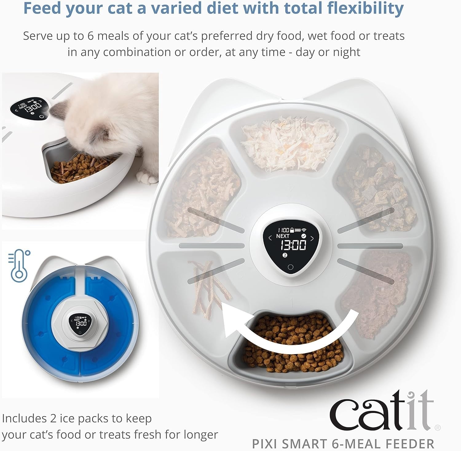 WiFi Automatic Cat Feeder 6 Meal Wet Dry Food Dispenser Ice Pack Smart