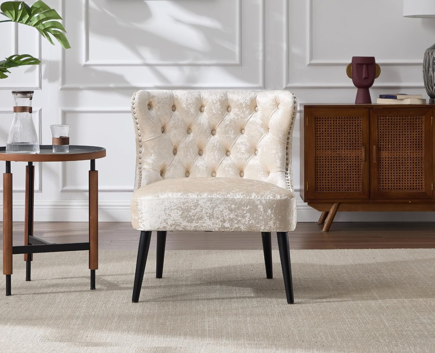 Velvet Accent Chair Beige Upholstered Lounge Chair Wood Legs