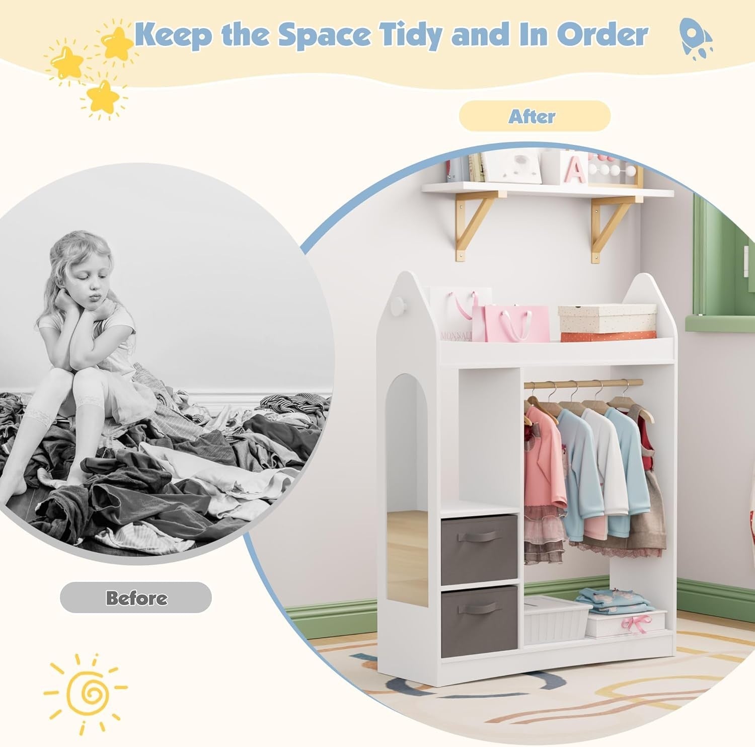 Kids Wardrobe with Mirror, Hanging Rail & 2 Drawers, White Rocket Design