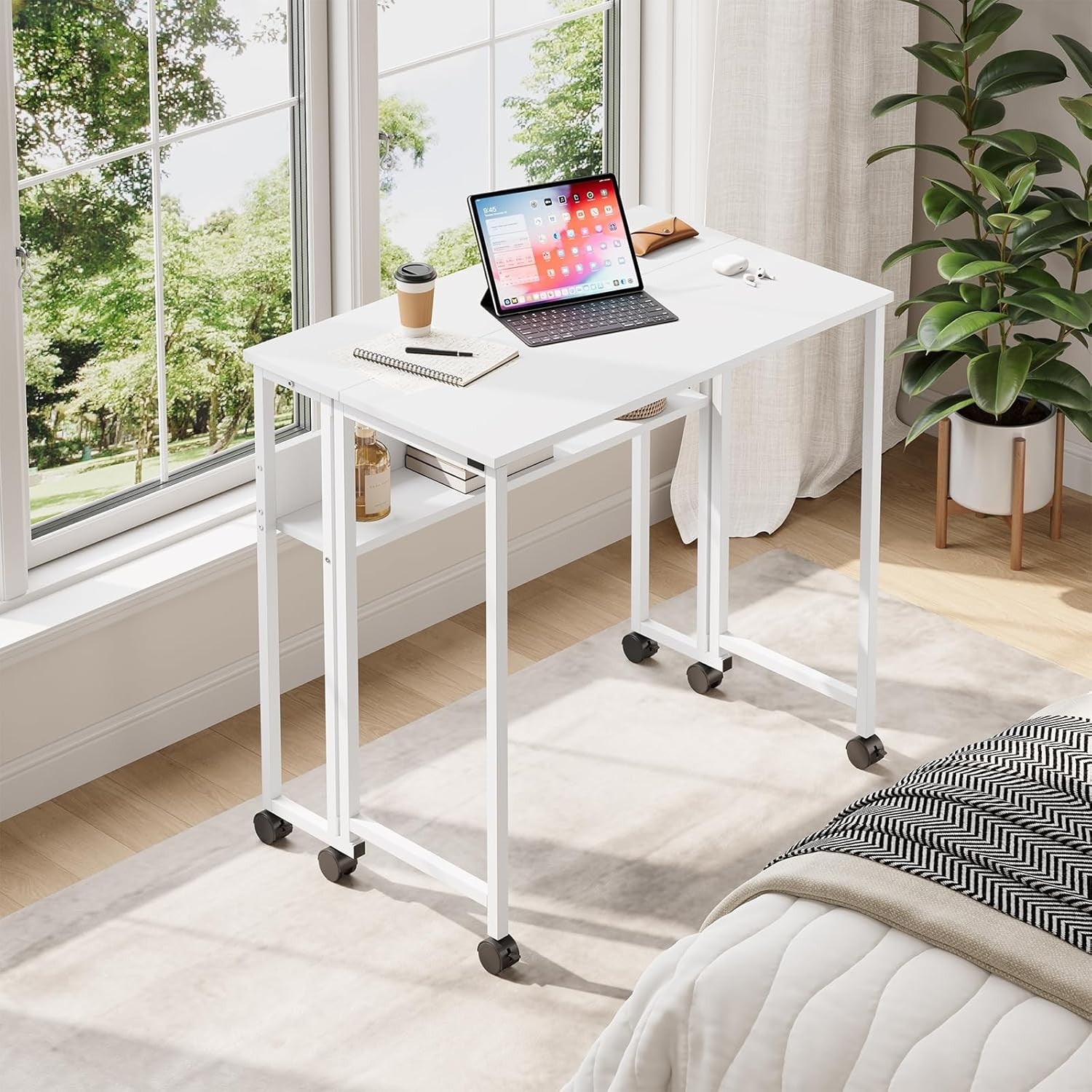 Folding Computer Desk Rolling Laptop Table with Storage Shelf Wheels White