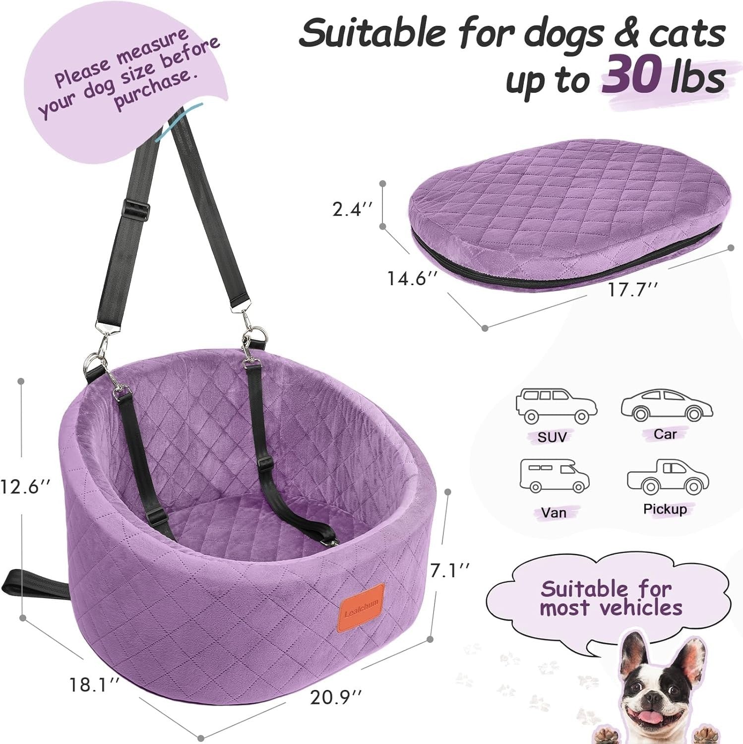 Small Dog Car Bed Travel Booster Seat Memory Foam Washable Pet Carrier