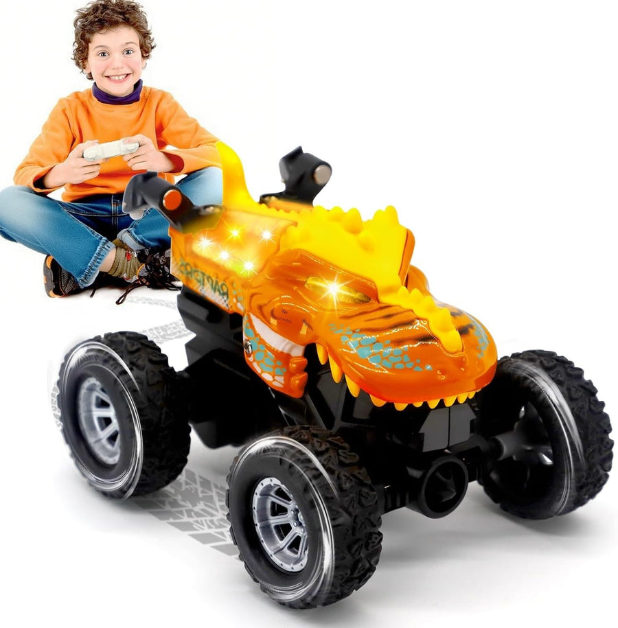 RC Car with LED Eyes – 2.4GHz Rechargeable Stunt Toy for Kids 6–12 (Orange)