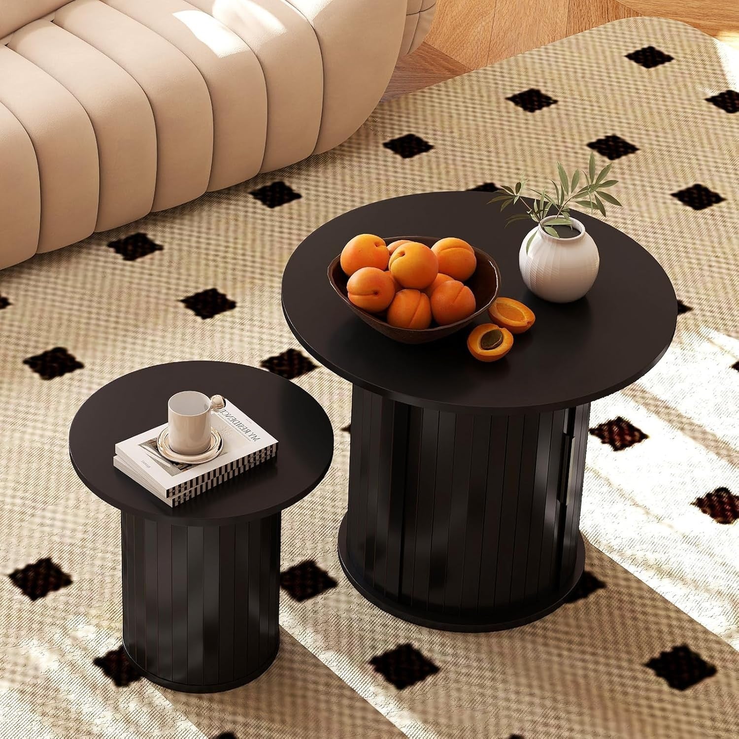 Nesting Coffee Table Set of 2 Round Storage End Side Tables Living Room Black Wo