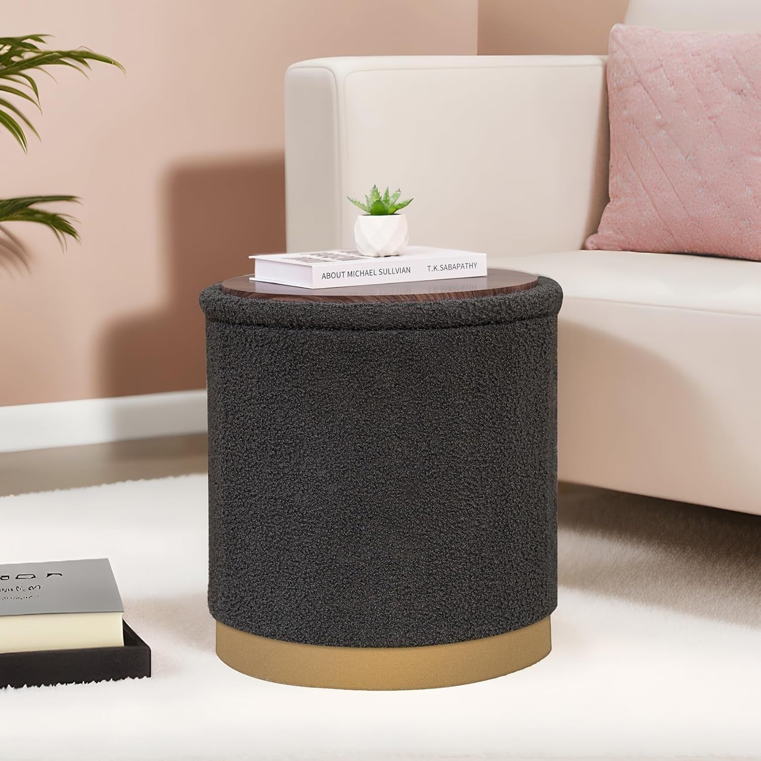 Grey Boucle Large Round Storage Ottoman Foldable Footrest with Tray Lid
