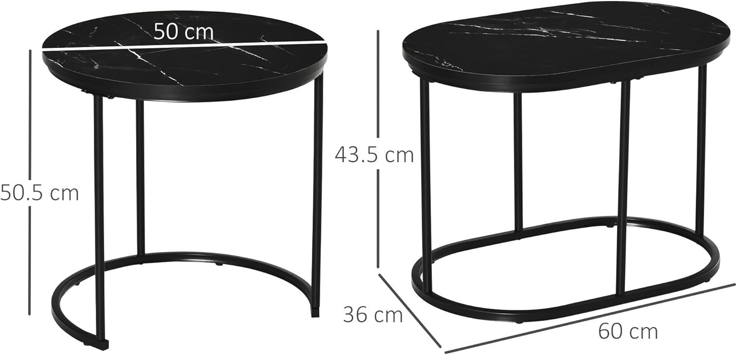 Nesting Coffee Table Set of 2 Black Faux Marble End Tables Round Oval