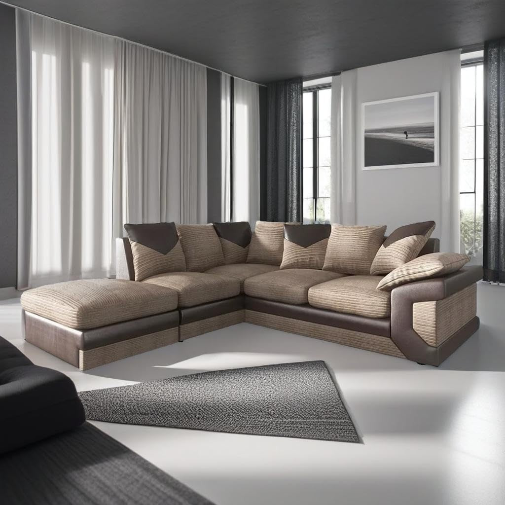 L-Shape Jumbo Cord Sofa 3+2 Seater Brown & Beige Sectional Corner Couch