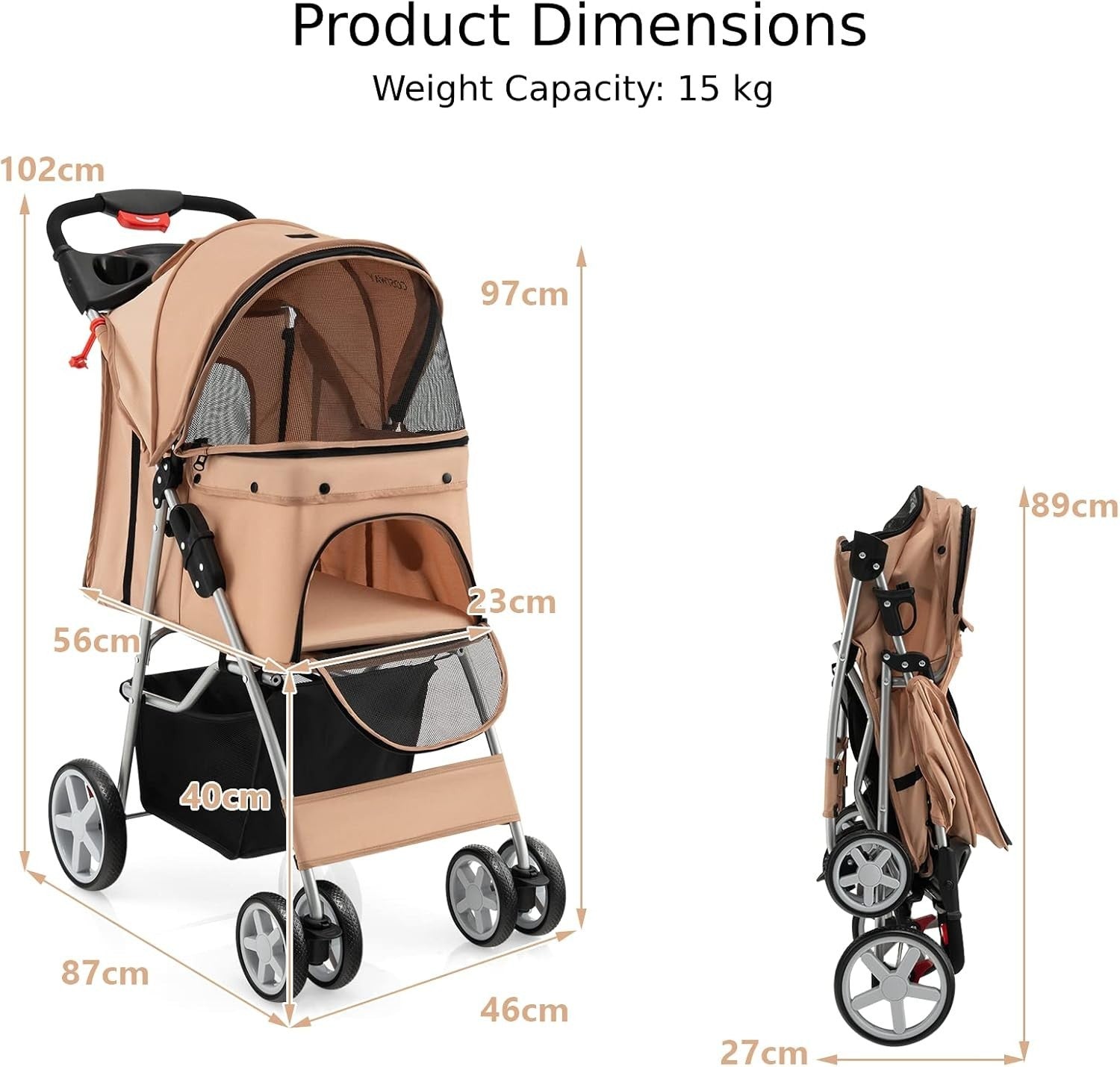 Beige Pet Stroller Foldable Dog Cat Pushchair 15kg Storage Basket