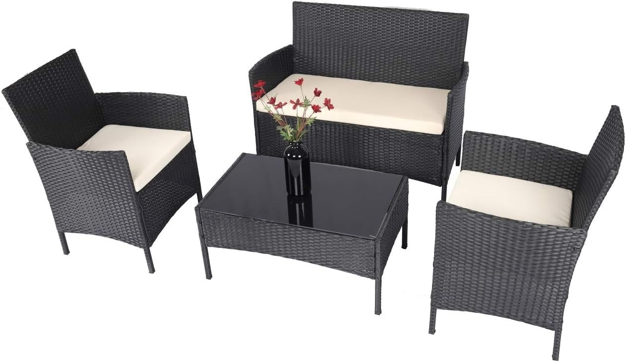 4PC Rattan Garden Furniture Set Outdoor Patio Chairs Table Cushions