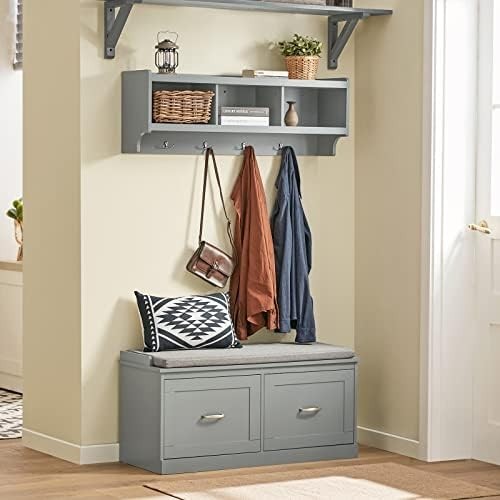 Grey Hallway Storage Bench Shoe Rack with Cushion Seat 2 Shelves MDF 98x37x49cm