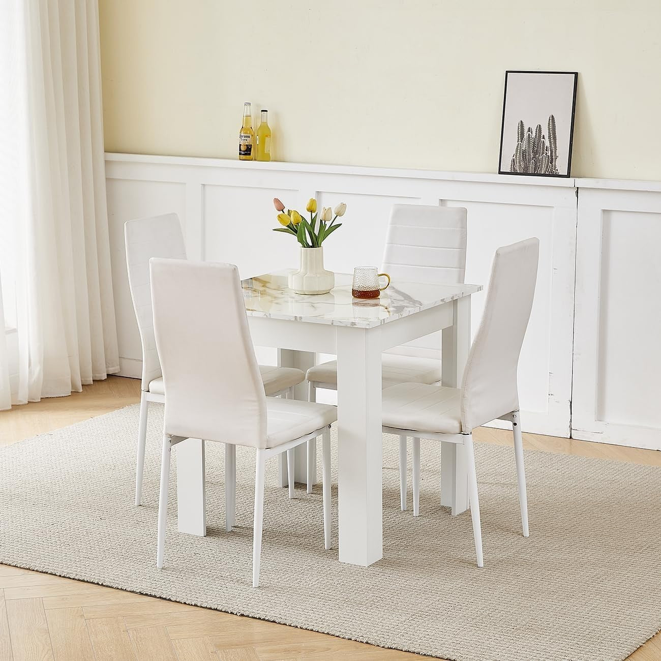 Modern 4-Piece White Marble Dining Set with 2 PU Chairs for Small Spaces