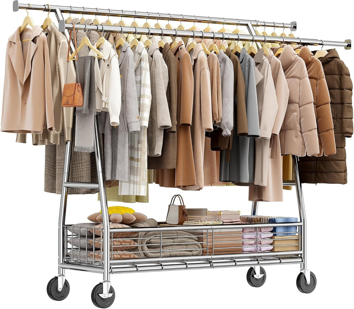 REIBII Heavy Duty Clothes Rail 285KG Double Rod Rack with Wheels