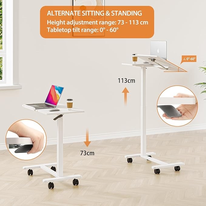 Overbed Laptop Table Tilt Top C Shaped Height Adjustable on Wheels 70x40cm White