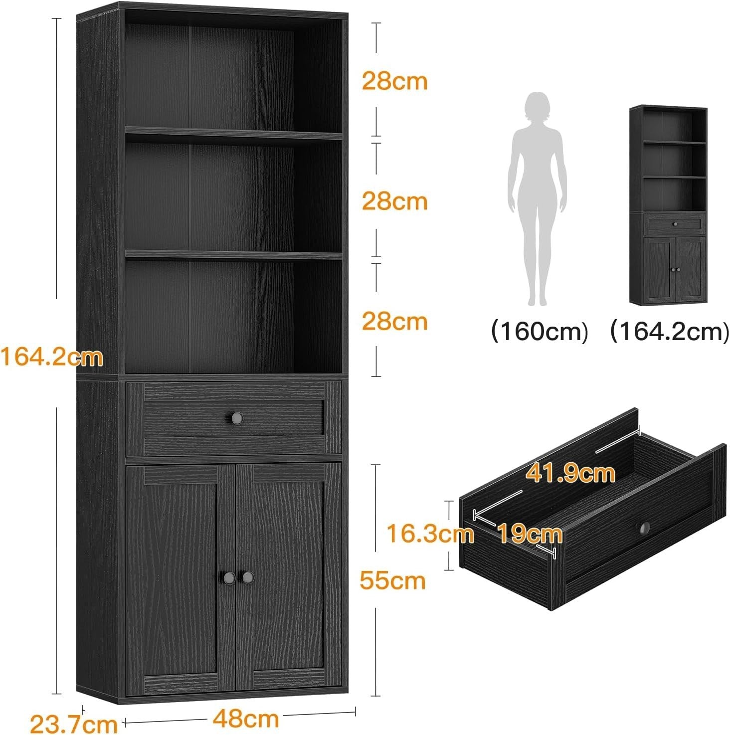 5 Tier Bookcase with Doors Drawers Display Storage Shelf Tall Cabinet Black