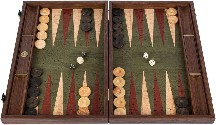 Luxury Backgammon Set 19 Inch Wooden Board Cork Playing Surface Dice Cups