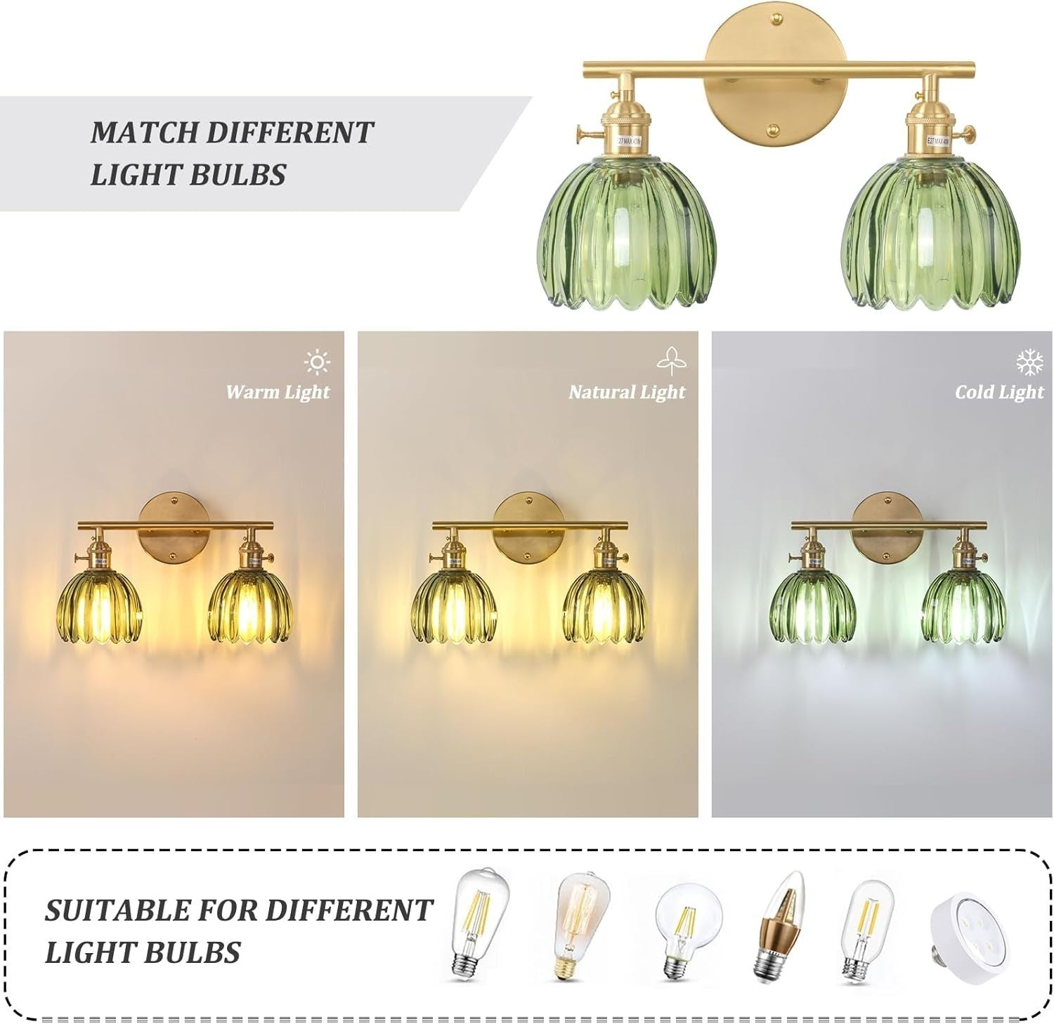 2-Light Green Glass Wall Sconce Vanity Light Brass Fixture for Bathroom