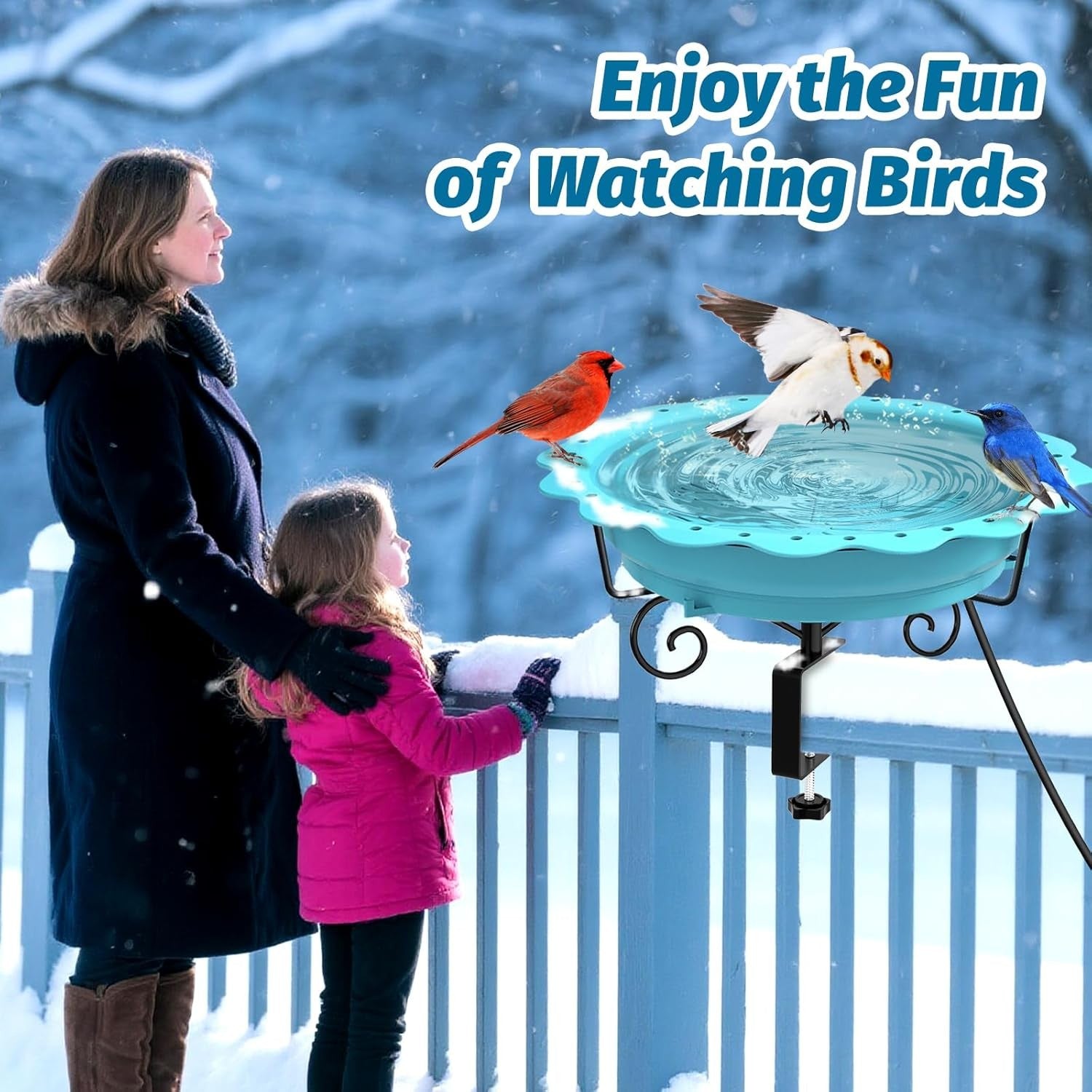 Heated Bird Bath 100W Thermostat Blue Deck Mount Winter Outdoor Water Feeder