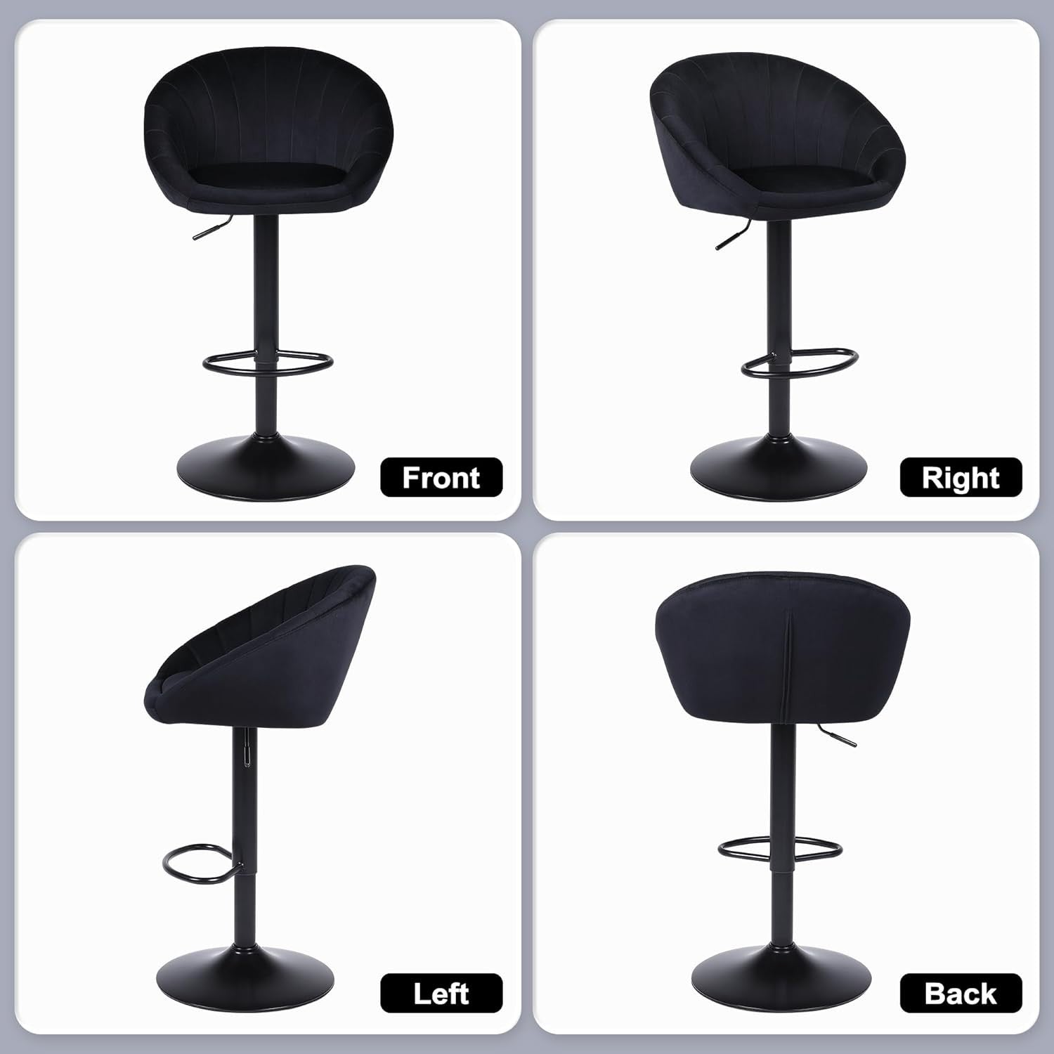 Adjustable Velvet Bar Stools Set of 2 | Black Swivel Kitchen Counter Chairs