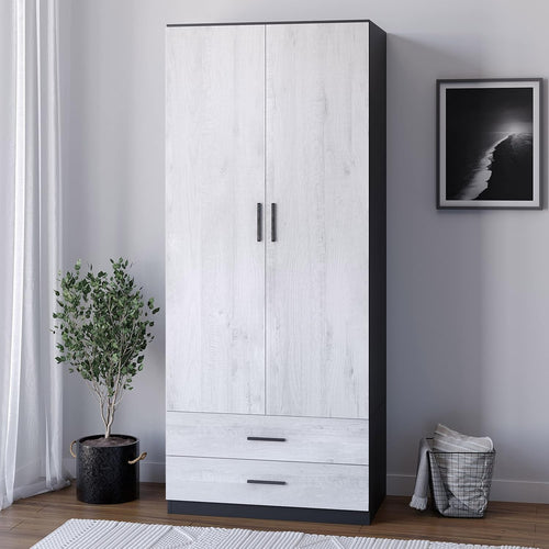 Tall Wardrobe Black Ash Grey 2 Door 2 Drawer Bedroom Clothes Storage Unit