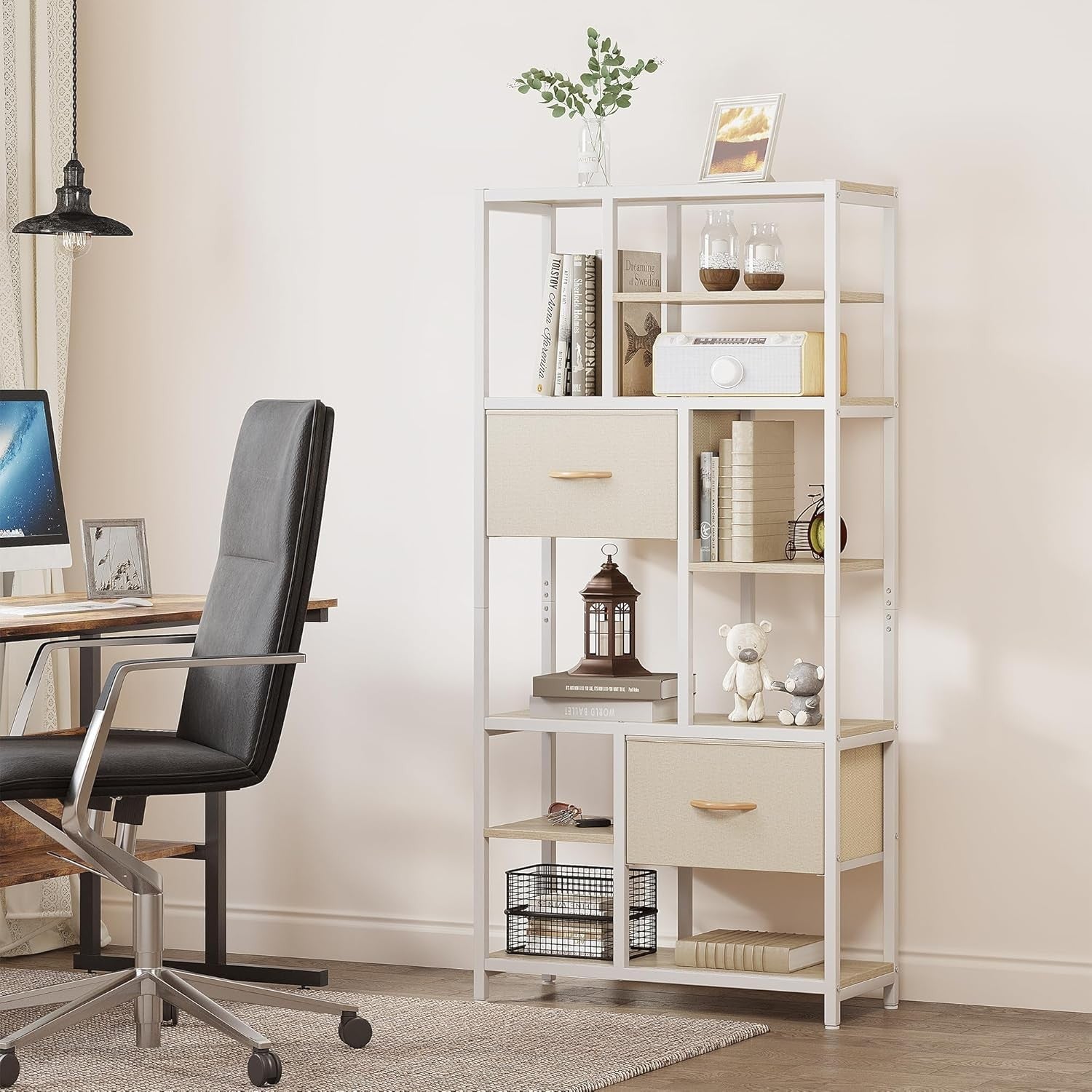 7-Tier Industrial Bookshelf with Drawers, Tall Storage Display Unit Beige
