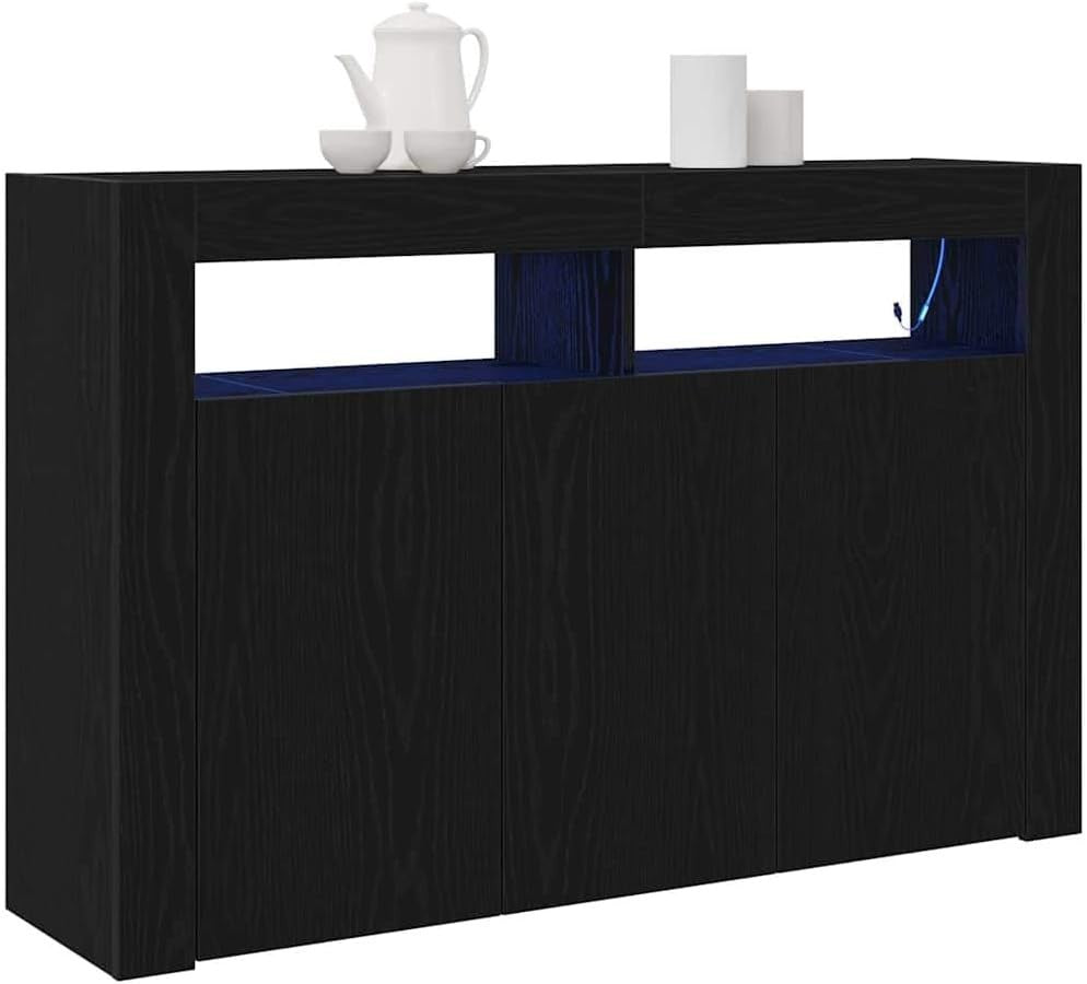 Modern Black Oak Sideboard Cabinet with LED Lighting, 3 Doors & 8 Compartments