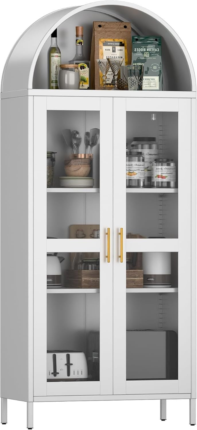 185cm Metal Arched Kitchen Pantry Cabinet White | 2-Door Storage