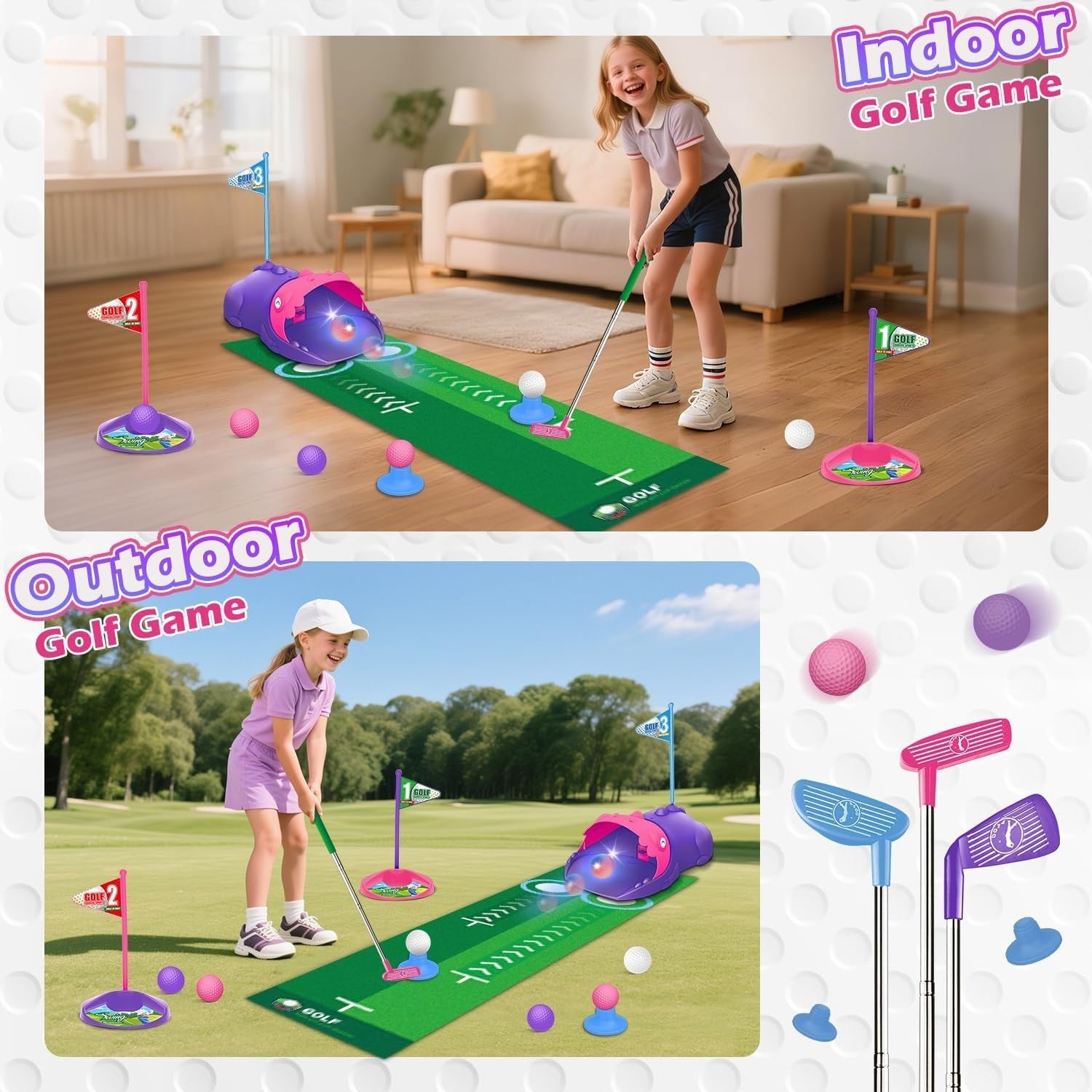 Kids Golf Set Dinosaur Auto Ball Return LED Balls Putting Mat Pink 26”