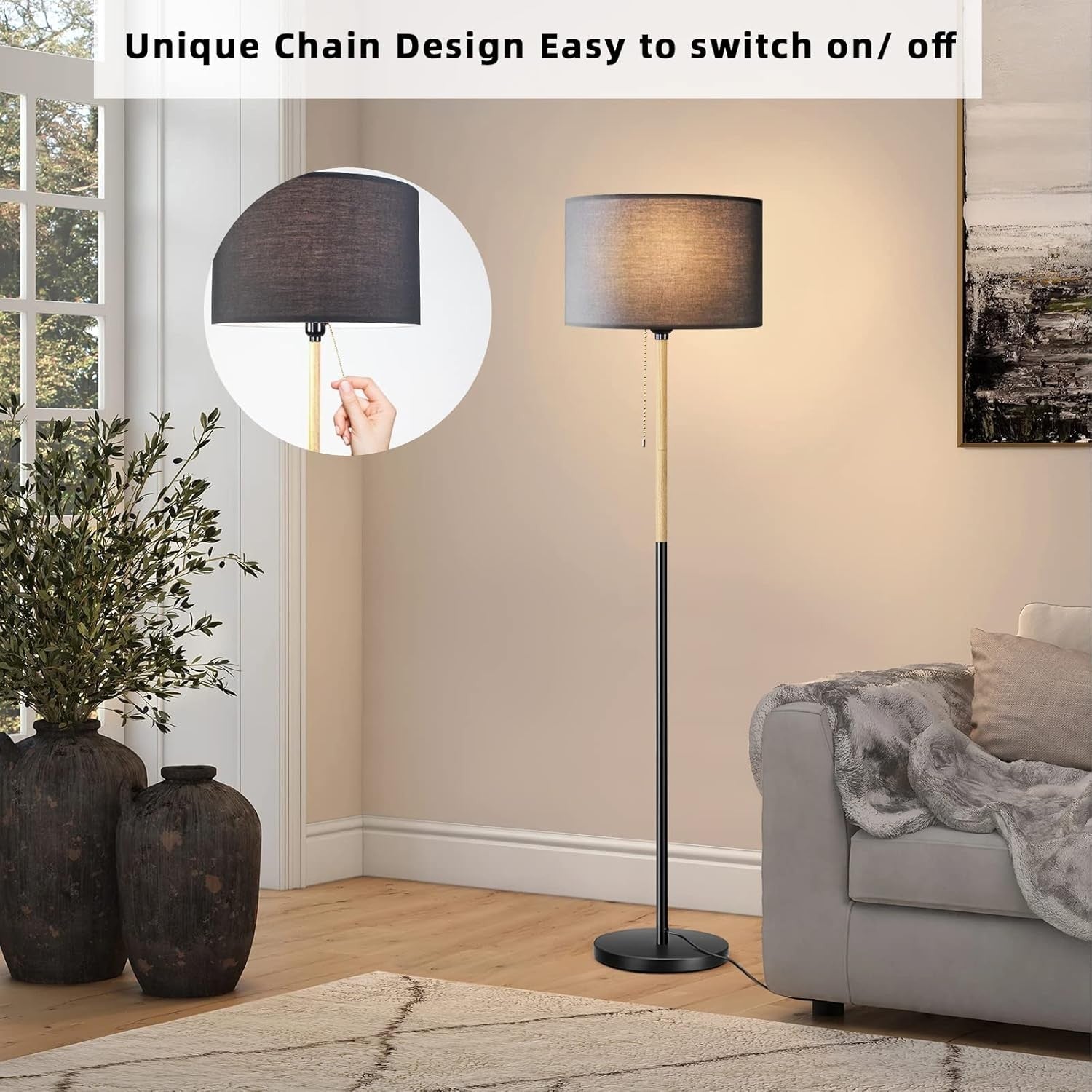Floor Lamp Linen Shade Tall Standing Light Farmhouse Living Room Bedroom