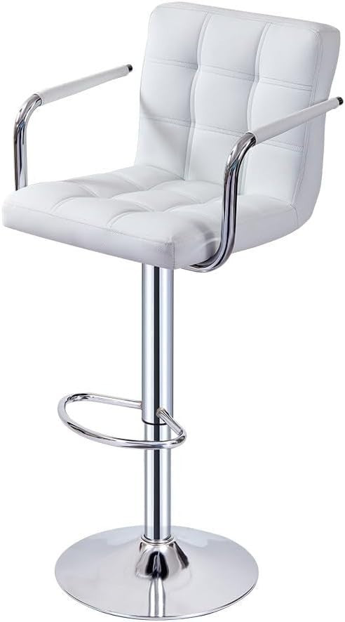 White Adjustable Swivel Bar Stool with Armrests & PU Leather
