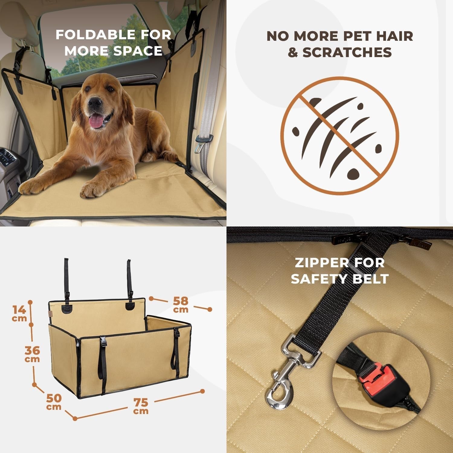 Large Dog Car Seat Waterproof Rear Seat Travel Bed Safety Belt Beige