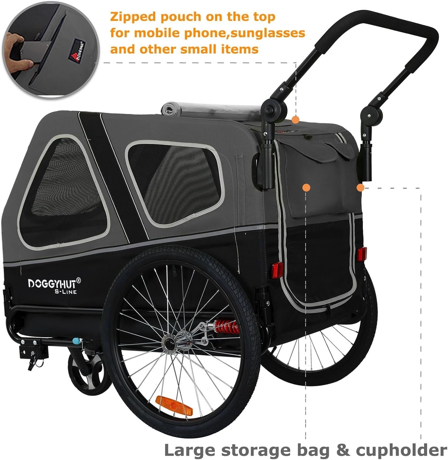 Dog Bike Trailer Stroller 45kg Heavy Duty Folding Cart Grey Black Suspension