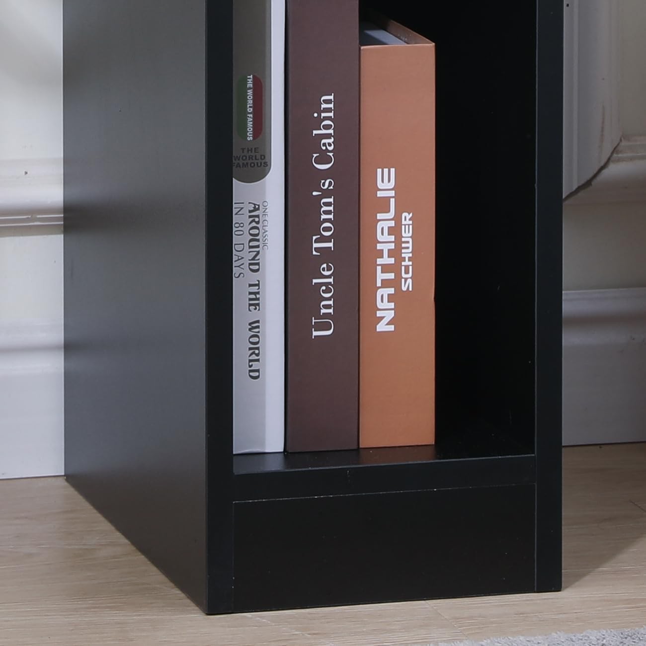 Slim Black Bedside Table with Shelf & Drawer, Modern Narrow Nightstand Storage