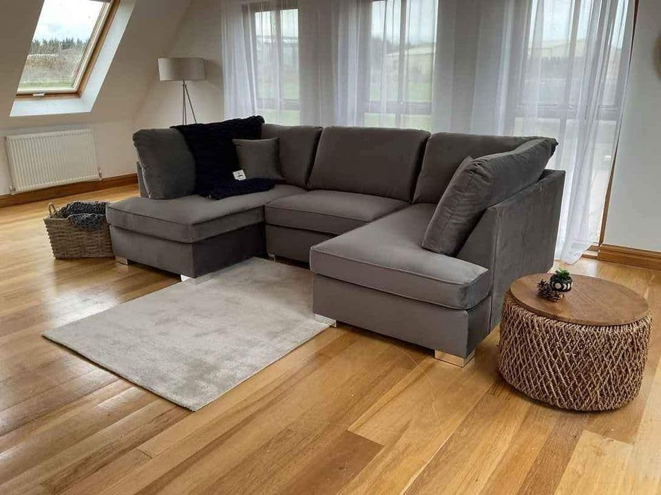 4PC U Shape Sofa with Footstool – Steel Grey Plush – 5/6 Seater Modular.