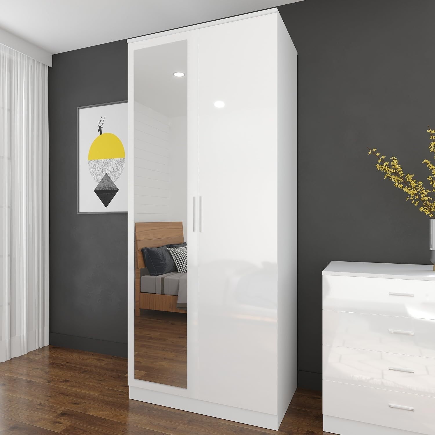 White Gloss 2 Door Wardrobe with Mirror Soft Close Shelves Modern