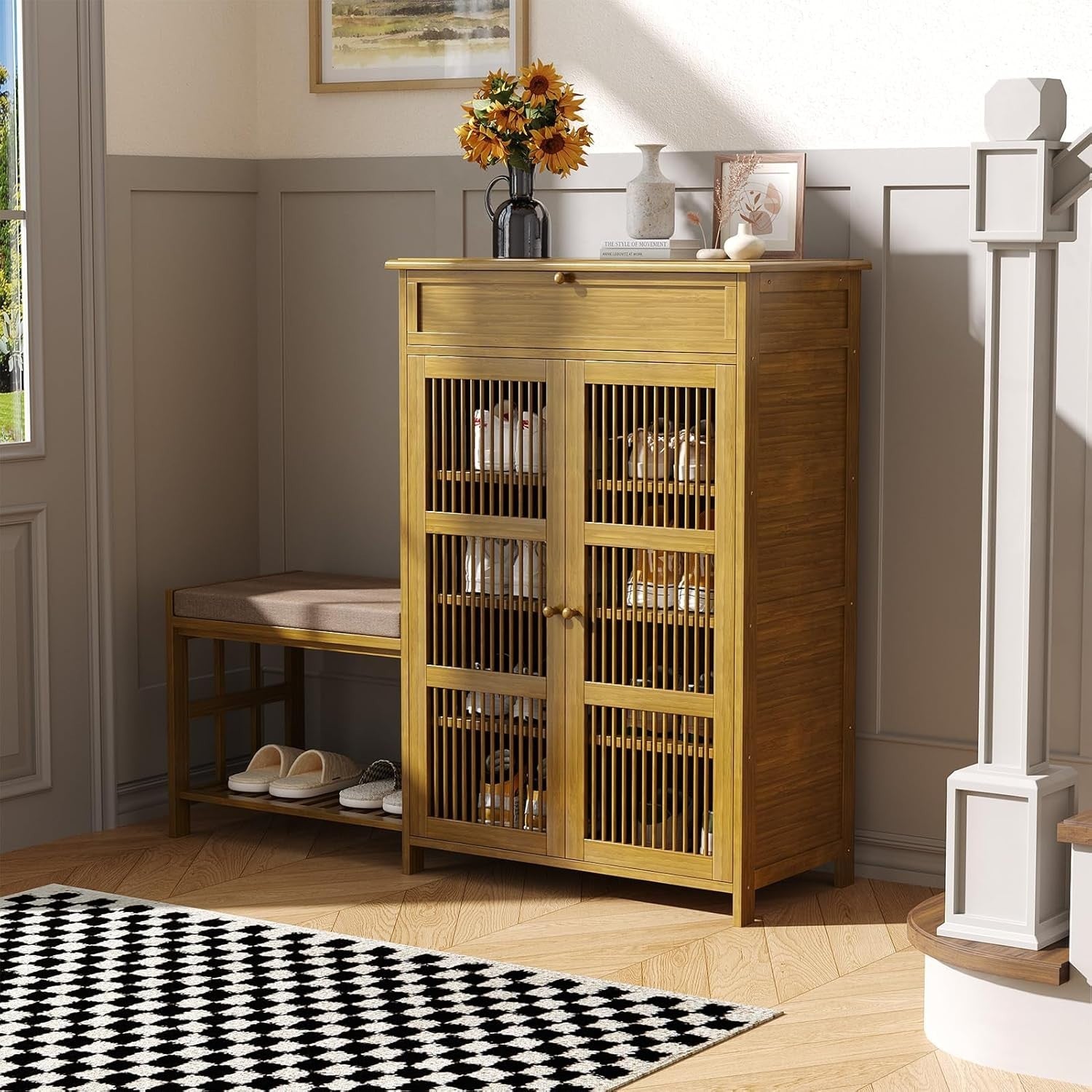 Shoe Storage Bench with Seat & Drawer 4-Tier Adjustable Shelves 65x35x99cm