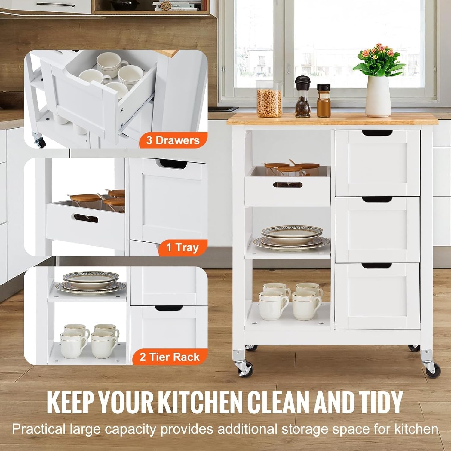 Rolling Kitchen Island Cart with Solid Wood Top, Storage Drawers & Shelves